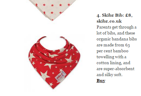 Skibz organic banana dribble bibs in Independent article on best baby gifts